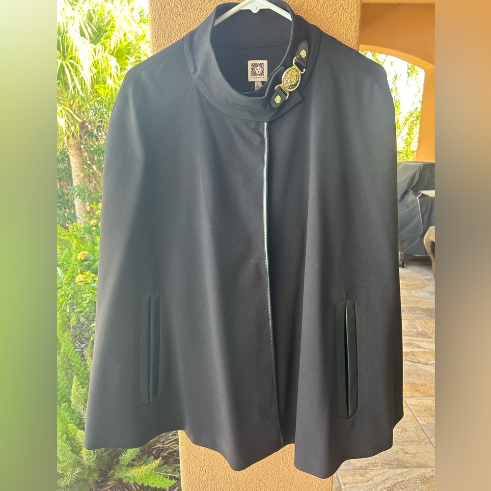 Anne Klein SZ L Black Leather Trim Lion Head Gold Closure Poncho Cape NWOT